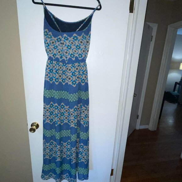 Banana Republic Blue Green Tan Patterned Spaghetti Strap Maxi Dress Size 6 - Picture 3 of 8